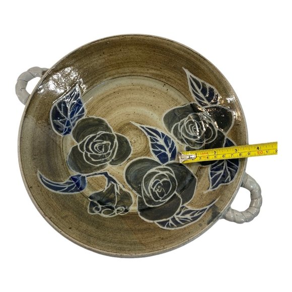 Hand Thrown Stoneware Pottery Glazed Bowl Signed by Artist Floral 11"W Handmade - Picture 11 of 13